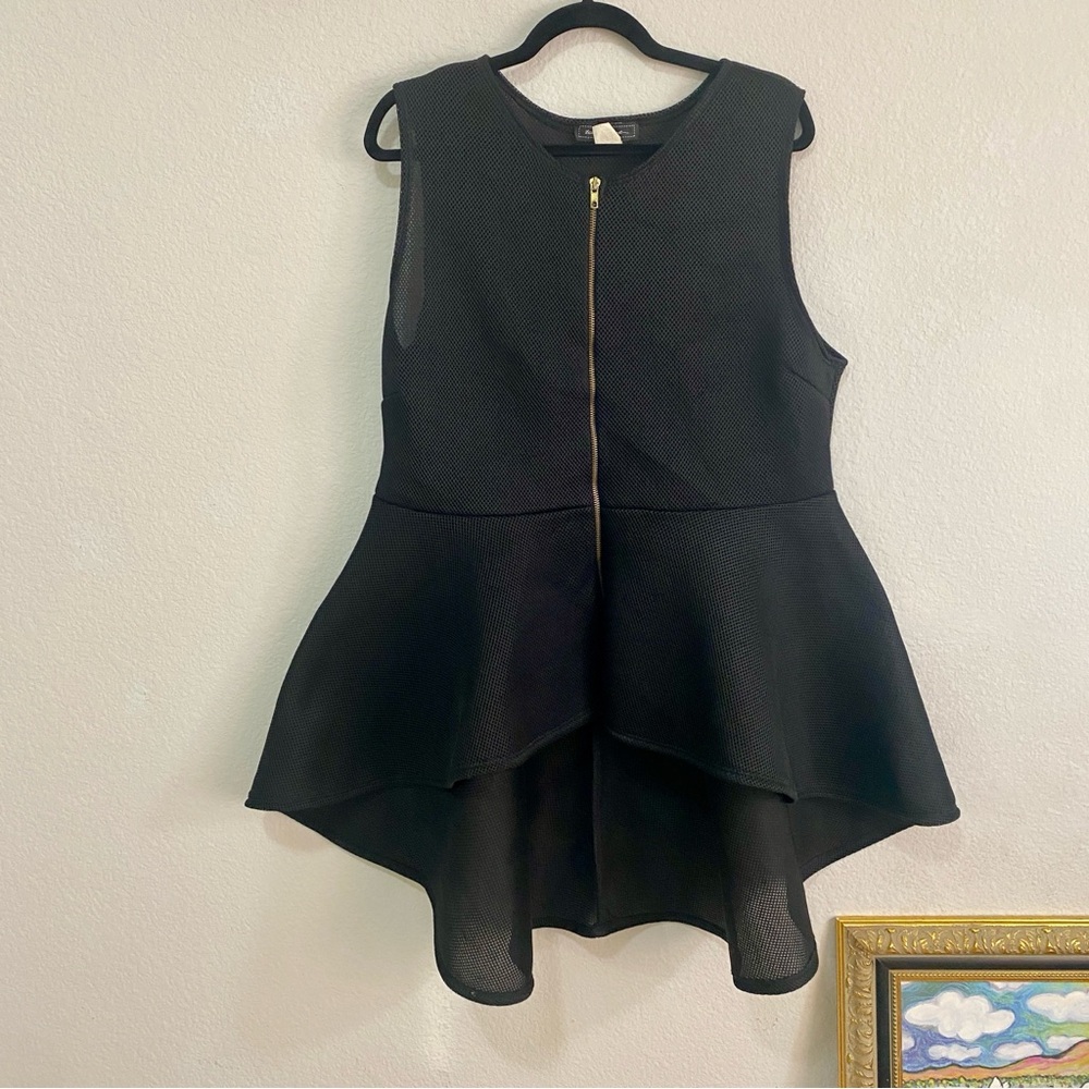 Vintage Y2K Touch Me Black Mesh‎ Peplum Top Sleeveless Zip Front Flare Hem 3X